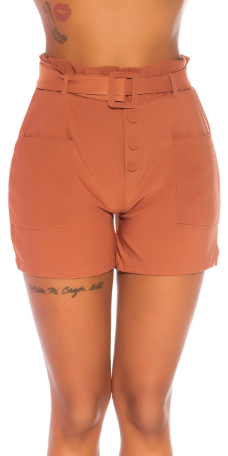 Trendy hoge taille paperbag shorts met riem brons
